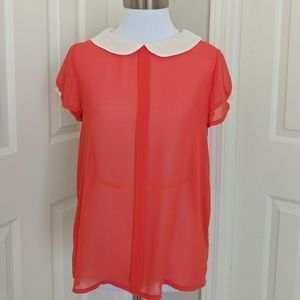 Zara chiffon cream coral top with rounded collar M